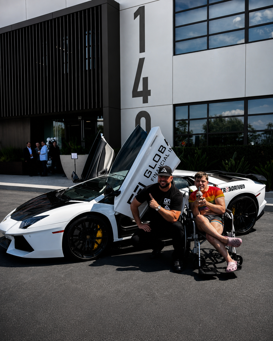 Anthony Nino with an influencer beside a white Lambo super car outside a Global Financial Impact event.